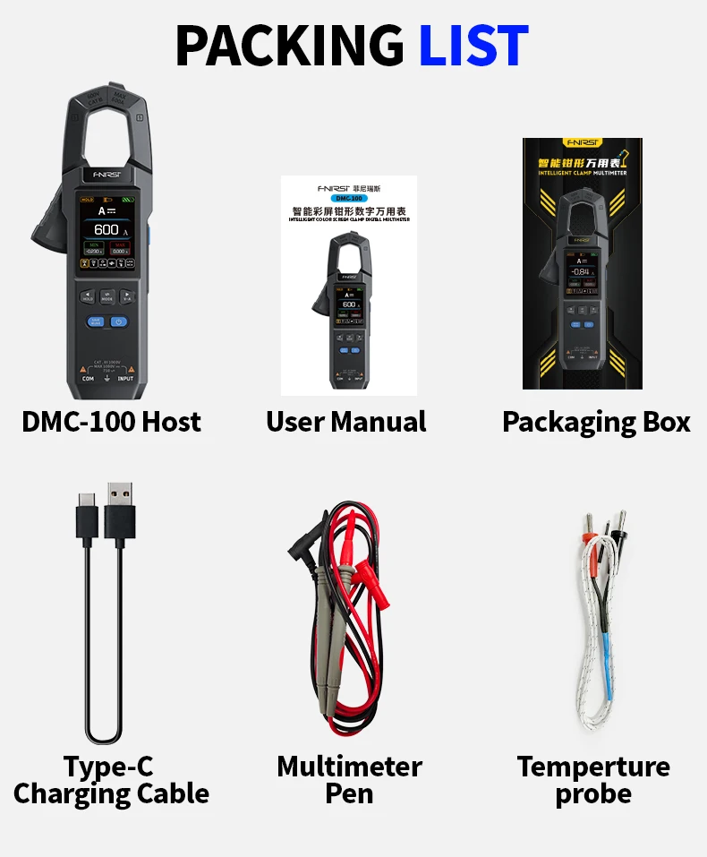 All accessories included with the FNIRSI DMC-100, including test leads, temperature probe, and manual